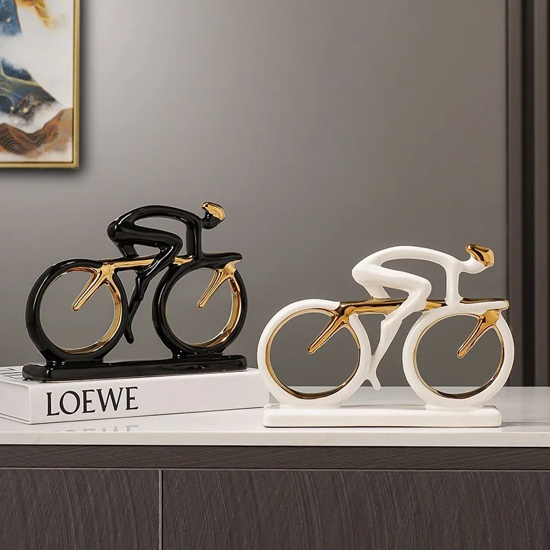 Modern Abstract Cyclist Statue Ceramic Bicycle Rider Sculpture Black Gold Home Decor Figurine Office Desk Wine Cabinet Ornament