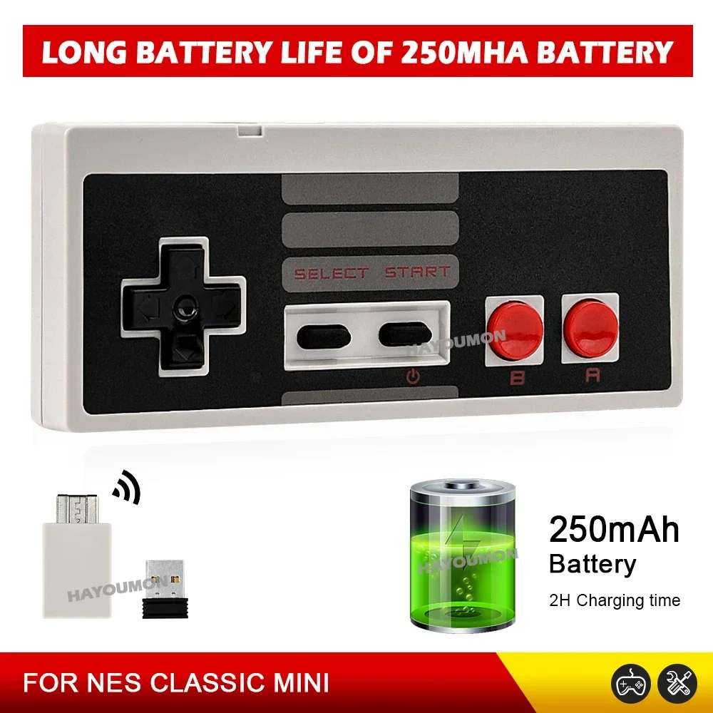Control Inalámbrico para NES CLASSIC MINI + Receptor Inalámbrico 2.4G para Consola de Juegos NES Classic Mini con Batería Recargable Integrada