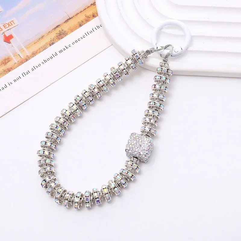 1 Pc Luxury Diamond-encrusted Wrist Chain Short Pearl Diamond Pendant Mobile Phone Case Universal Lanyard Diamond Ring Anti-lost