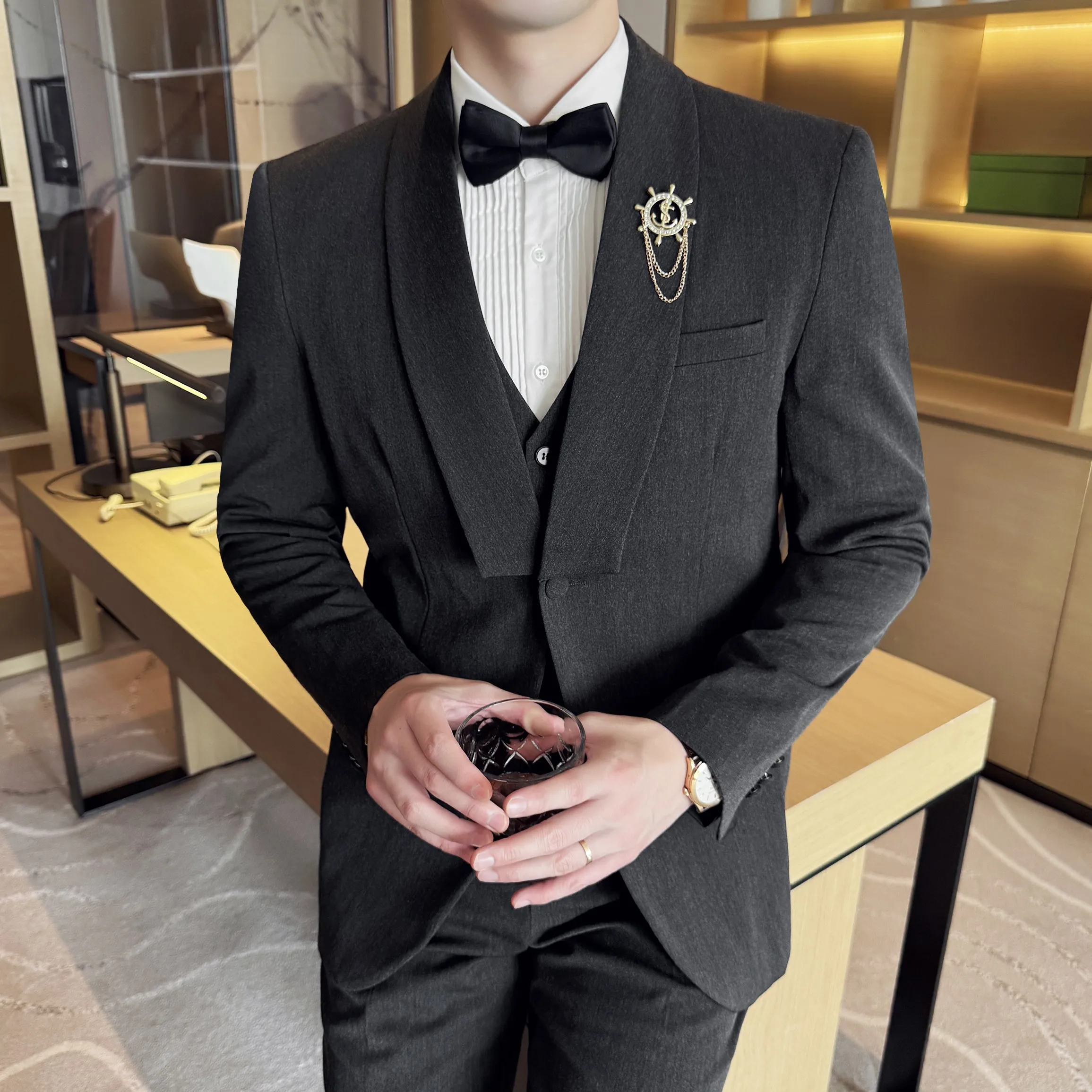 

High Quality Casual Business Suit Set Men Slim Fit Social Wedding Groom Formal Set 3 Piece Set (jacket+vest+pant）men Clothing