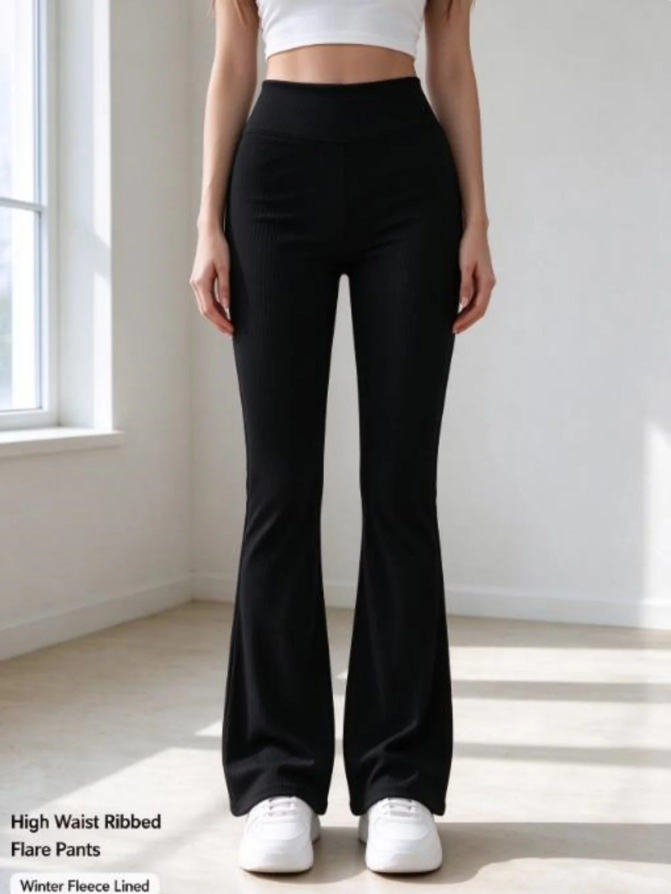 Women's High Waist Fleece Lined Flare Pants, Warm Soft Ribbed Fabric, Tummy Control Stretch Slim Fit Casual Winter Trousers