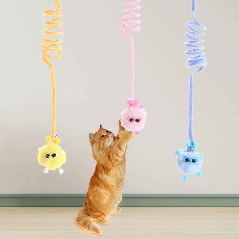 Pet Cat Toy Spring Rabbit Fur Ball Little Monster with Hook Suction Cup Fun To Play Bite Interact Tease Cat Toy