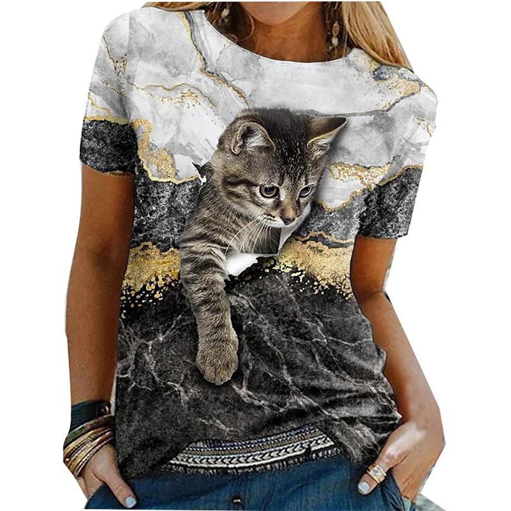 Women's T Shirt Tee Black White Blue Graphic Cat Print Short Sleeve Daily Weekend Vintage Round Neck Regular 3D Cat Painting