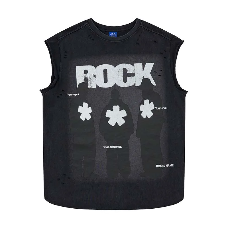 Men's Fashion Vintage Tank Tops High Street Distressed Printed Sleeveless Tees Washed Retro Summer Vests Painted Rock Tees
