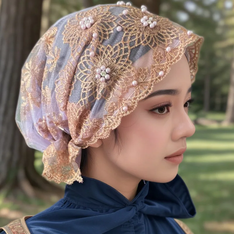 Women Stylish Headscarf Hat Embroidered Beaded Double Layer Lace Hats Underscarf Bonnet Beanies Hair Loss Cover Muslim Hijab Cap