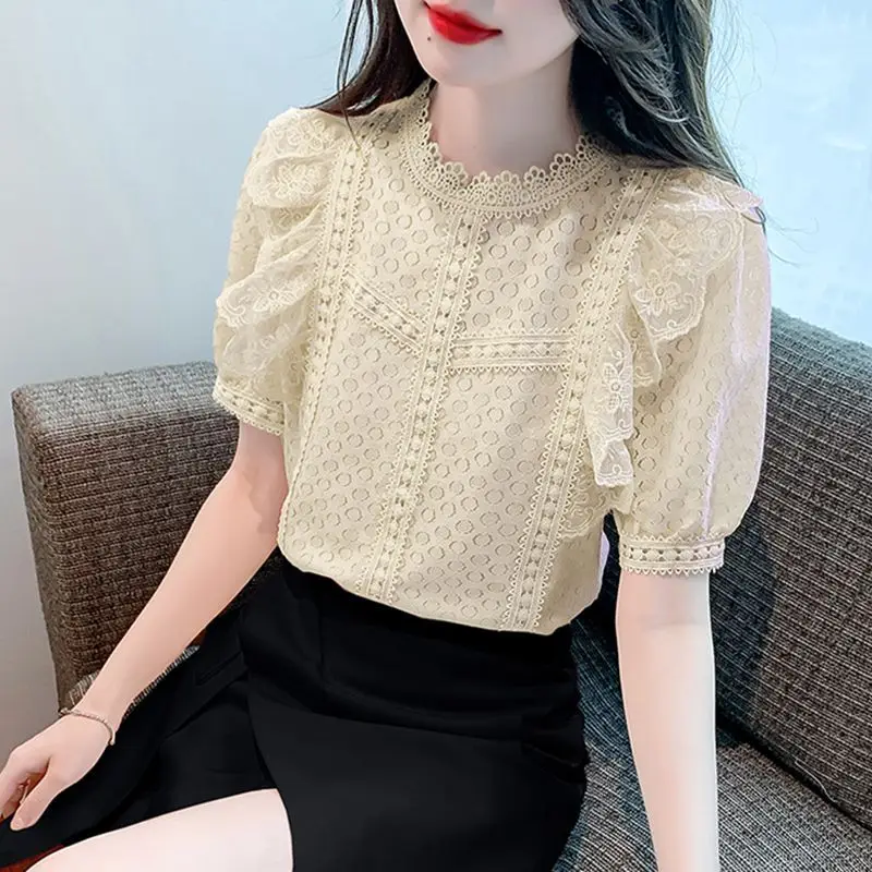 Women\'s Clothing Korean Fashion Lace Spliced Solid Color Shirt Summer All-match Elegant Female Round Neck Hollow Out Blouse