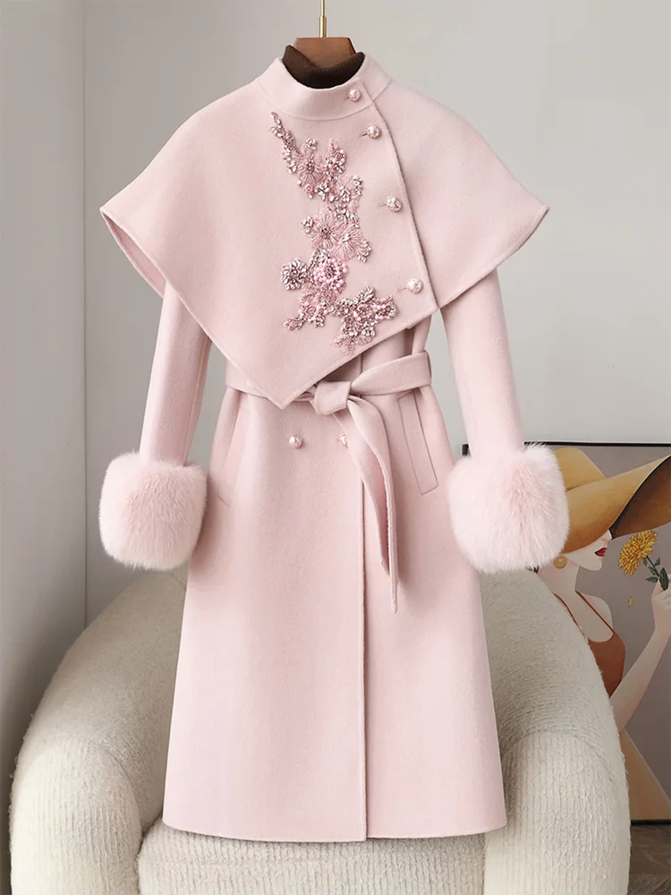 جديد شتاء دافئ النساء السيدات الطبيعية ريال فوكس الفراء معطف Oearl زهرة طويلة الكشمير الصوف سترة صوفية ملابس خارجية رائجة البيع