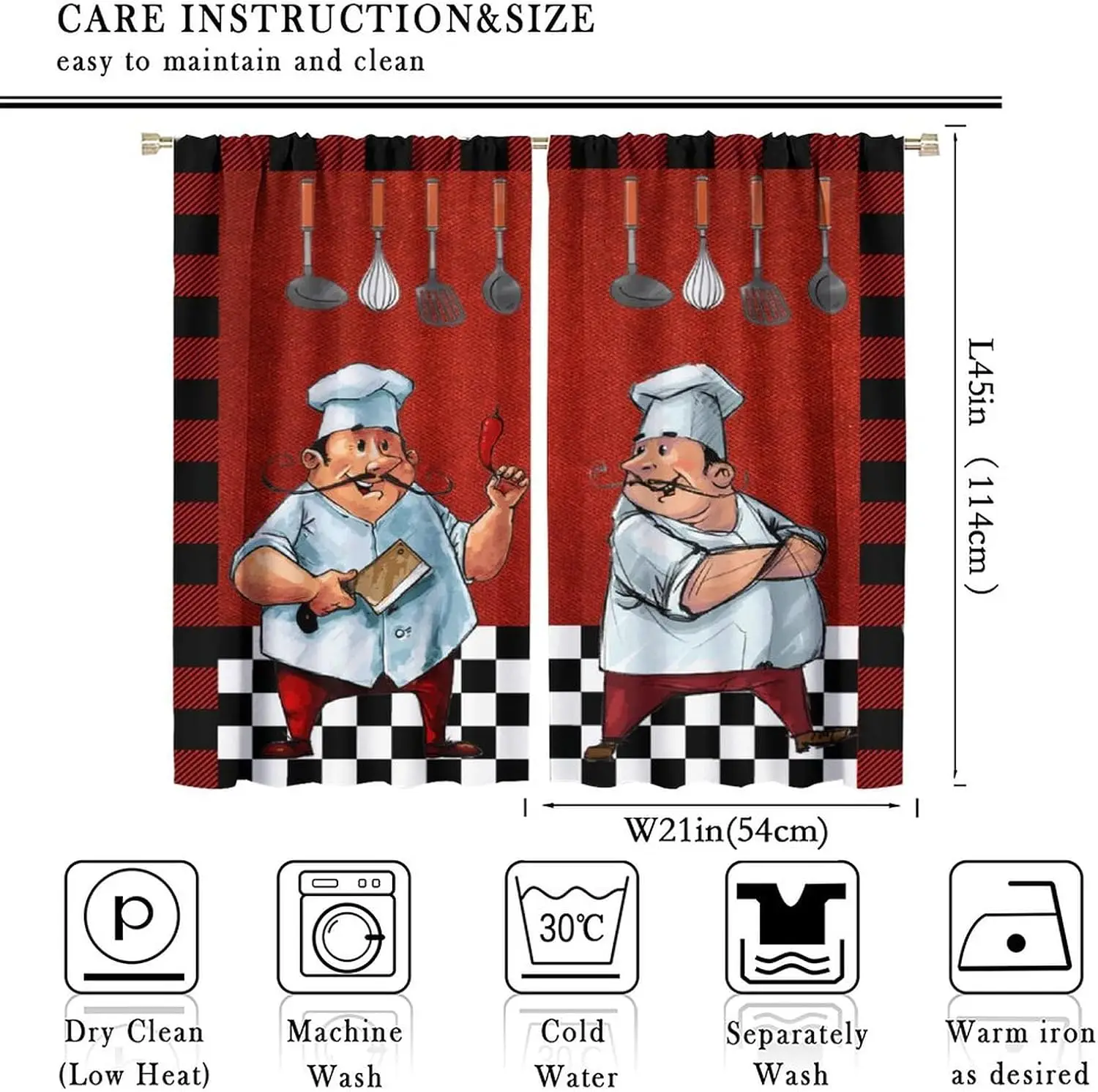 Cooking Chef Curtain Panels, Cartoon Chili Chef Checkered Border Kitchenware Pattern Print Drapes for Apartment Kitchen Decor