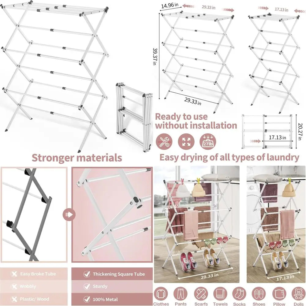 

Expandable 3-Tier Metal Clothes Drying Rack, Collapsible Towel Hanger, Air Drying Rack, White