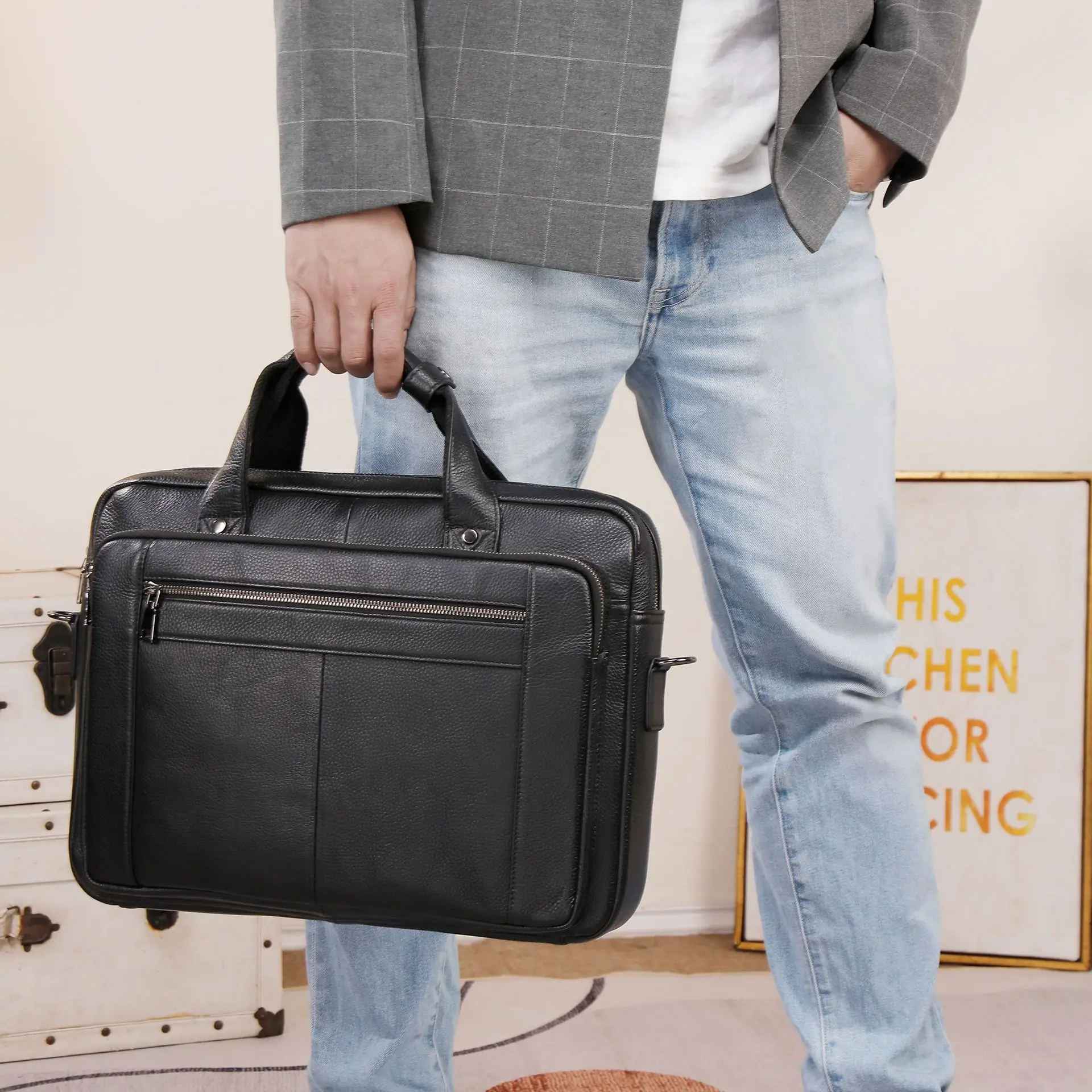 กระเป๋าแล็ปท็อปหนังแท้สำหรับผู้ชาย, กระเป๋าสะพายข้างสำหรับทำงาน, กระเป๋าเอกสาร, มีช่องและกระเป๋าหลายช่อง