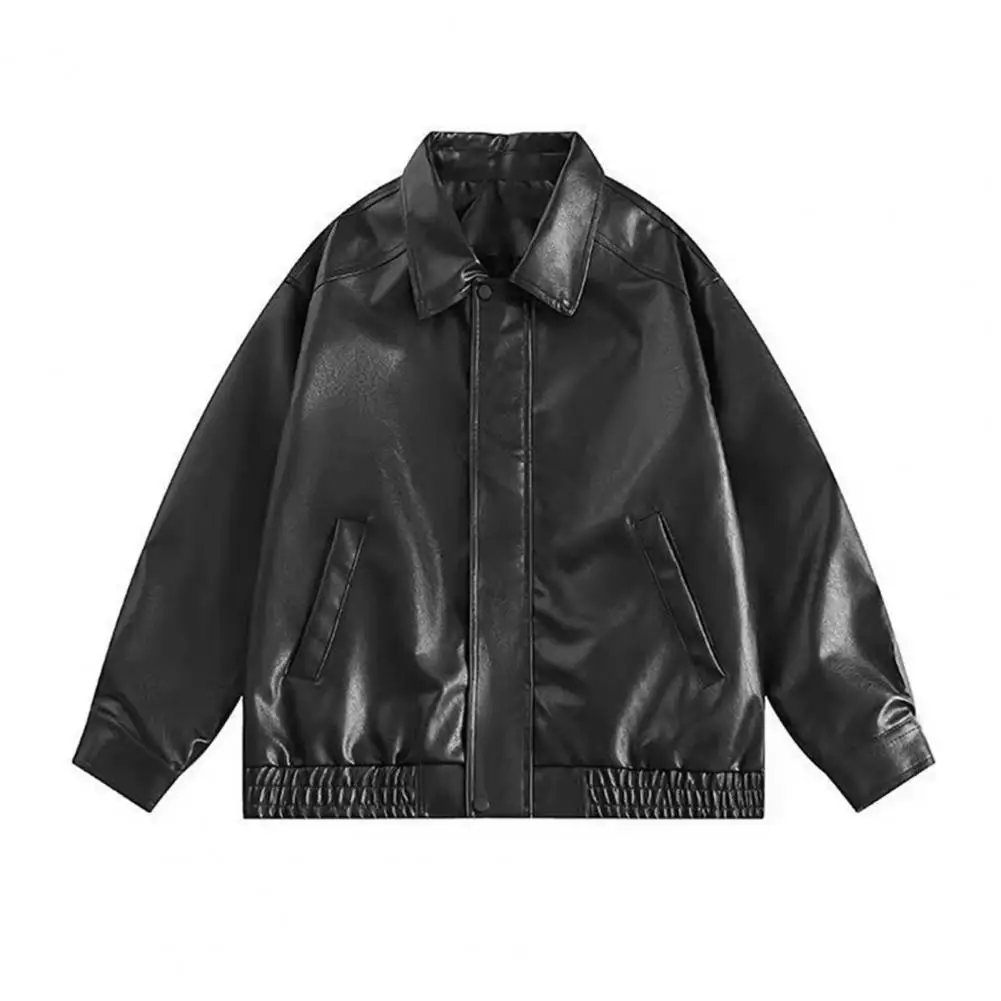 Vintage Women Faux Leather Jacket Long Sleeves Turn-down Collar Loose Fit Zipper Pocket Oversized Ladies Female Coat