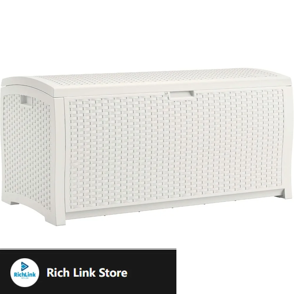 

99 Gal Resin Wicker Patio Storage Box - Water Resistant Outdoor Storage Container White & 33 Gal Hideaway Trash Can for Patio -