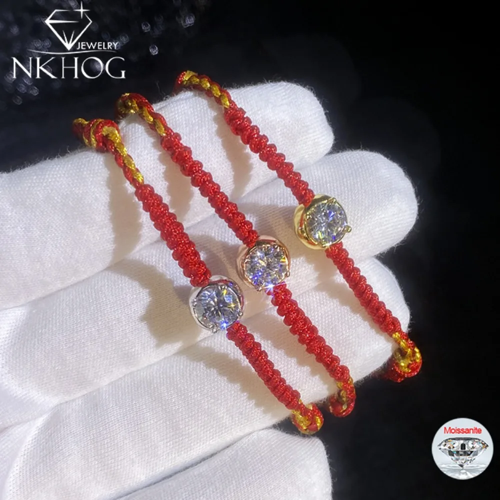 

NKHOG 6.5mm Real Moissanite Bracelets For Women Men 100% 925 Sterling Silver Diamond Red Rope Bangle 18K Plated Fine Jewelry GRA
