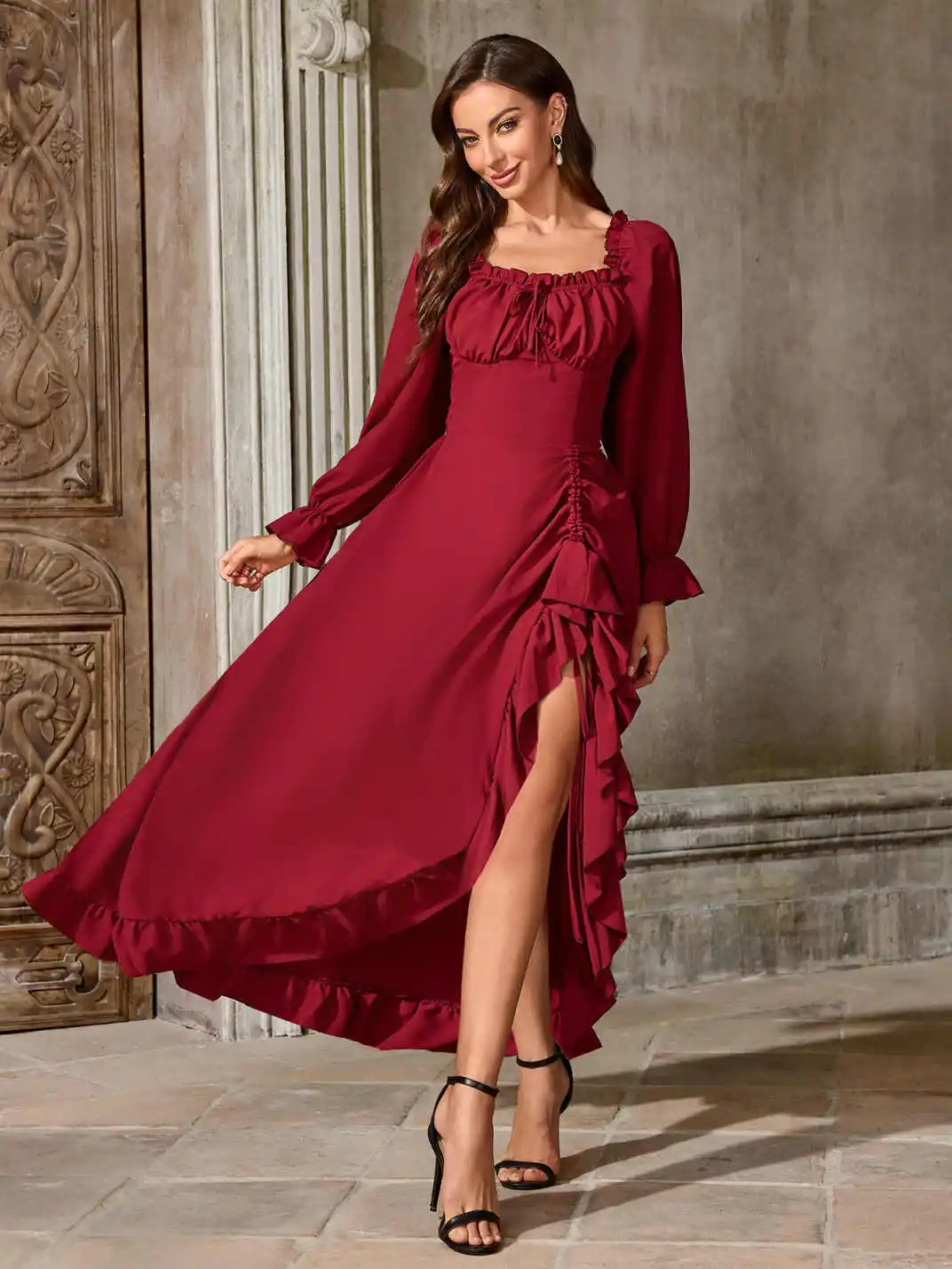 Renaissance Medieval Dress Women Ren Faire Dress, Long Sleeve Ruffle Midi Dress, Square Neck with Smocked Bodice