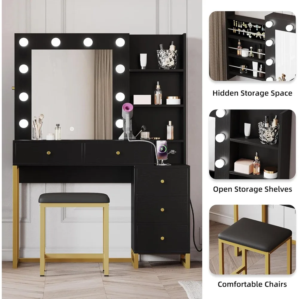 Makeup Dressing Table with Mirror and Power Socket, Dressing Table Set with Hidden Jewelry Storage Rack and 5 Drawers