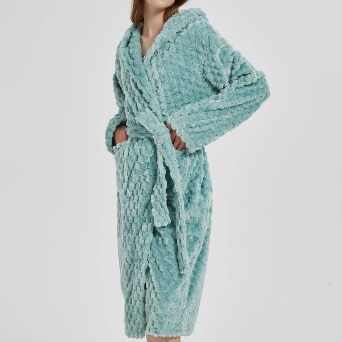 Autumn Winter New Plaid Flannel Robe Hooded Bathrobe Gown Sleepwear Thicken Coral Fleece Nightgown Lounge Wear Loose Home Dress