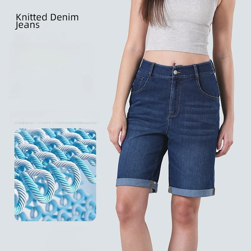 2026 Cuffed Knit Denim Bermuda Shorts Stretch Rolled Hem Knee Length Jean Shorts Casual Ladies Knitted Denim Shorts with Pockets