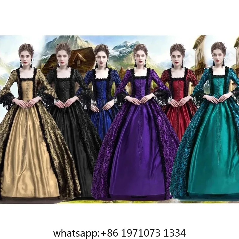 Women Medieval Flocking Dress Victorian Court Cosplay Costume Renaissance Princess Rococo Halloween Performance Outfit