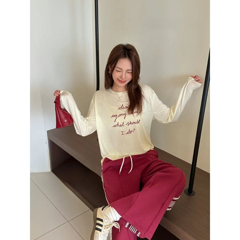 

MOTIE Women's Long Sleeve T-Shirt European Style Letter Print Design Loose Fit Spring Travel Fashion Top