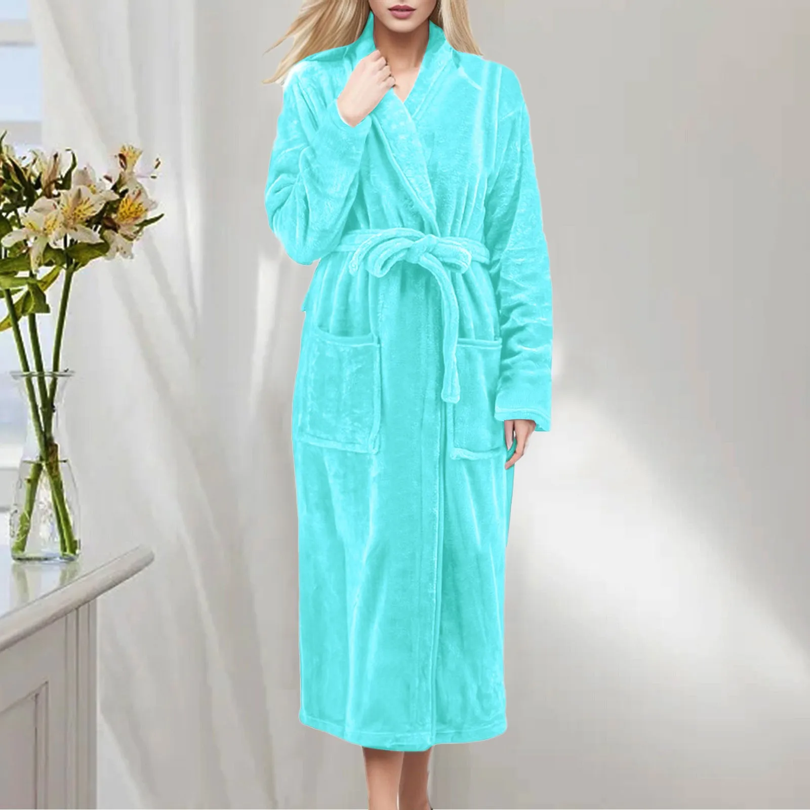 Women\'s Winter Sleepwear Robes Long Cloth Robes solid color Plus Size Bathrobe fluffy Coral Fleece Nightgown with pockets