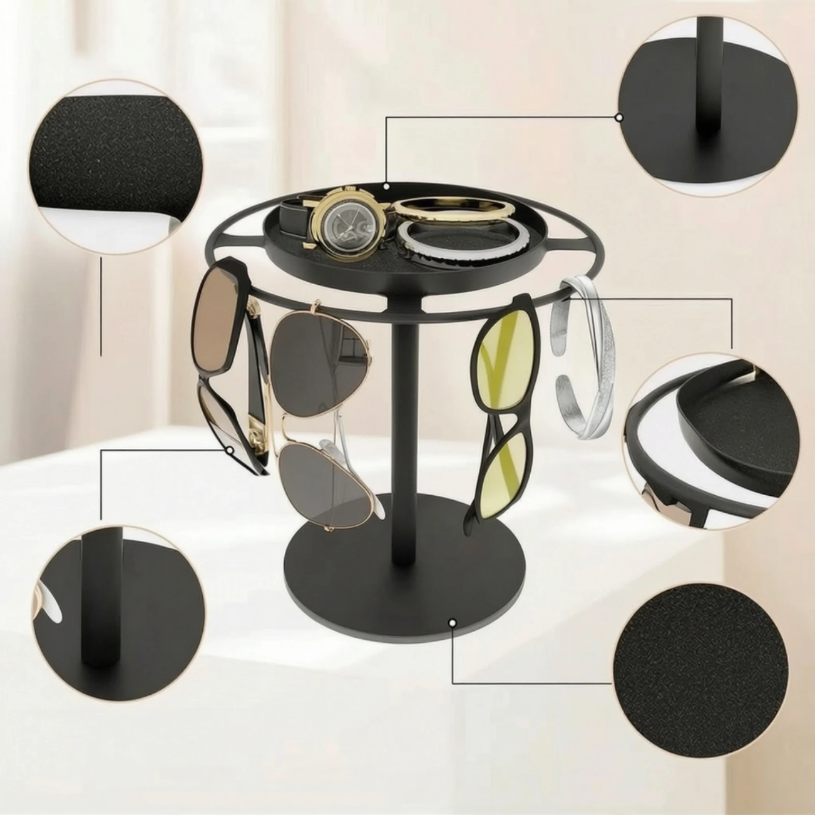 Glasses Rack with Tray Desktop Glasses Holder with Tray Eyeglasses Rack Compact Organizer Iron for Eyeglass Wearers, Dresser