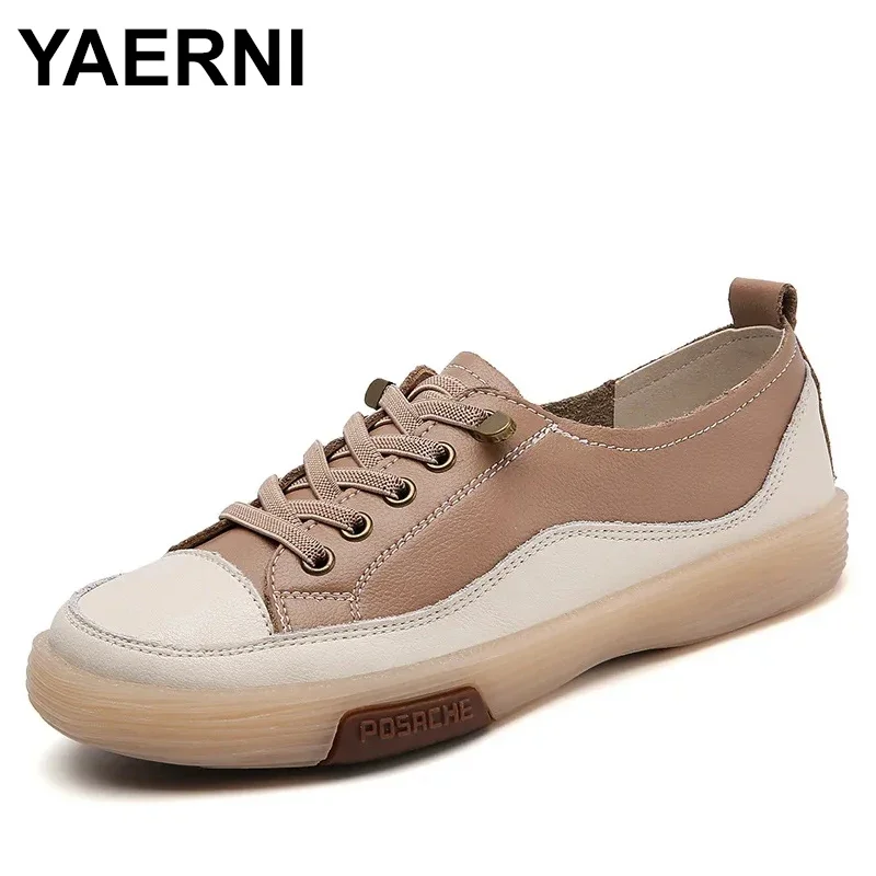 Genuine Leather Shoes for Women Luxury Casual Shoes Low Top Flat Women Tennis Sneakers Wide Toe Soft Ladies Little While Shoes