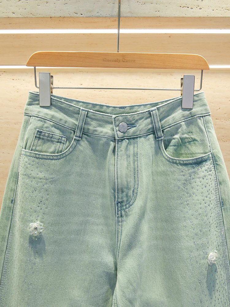 High Waist Distred Wide Leg Jeans Women's Early Spring High Waist Diamond Embellied Floor-Length Pants European Sle