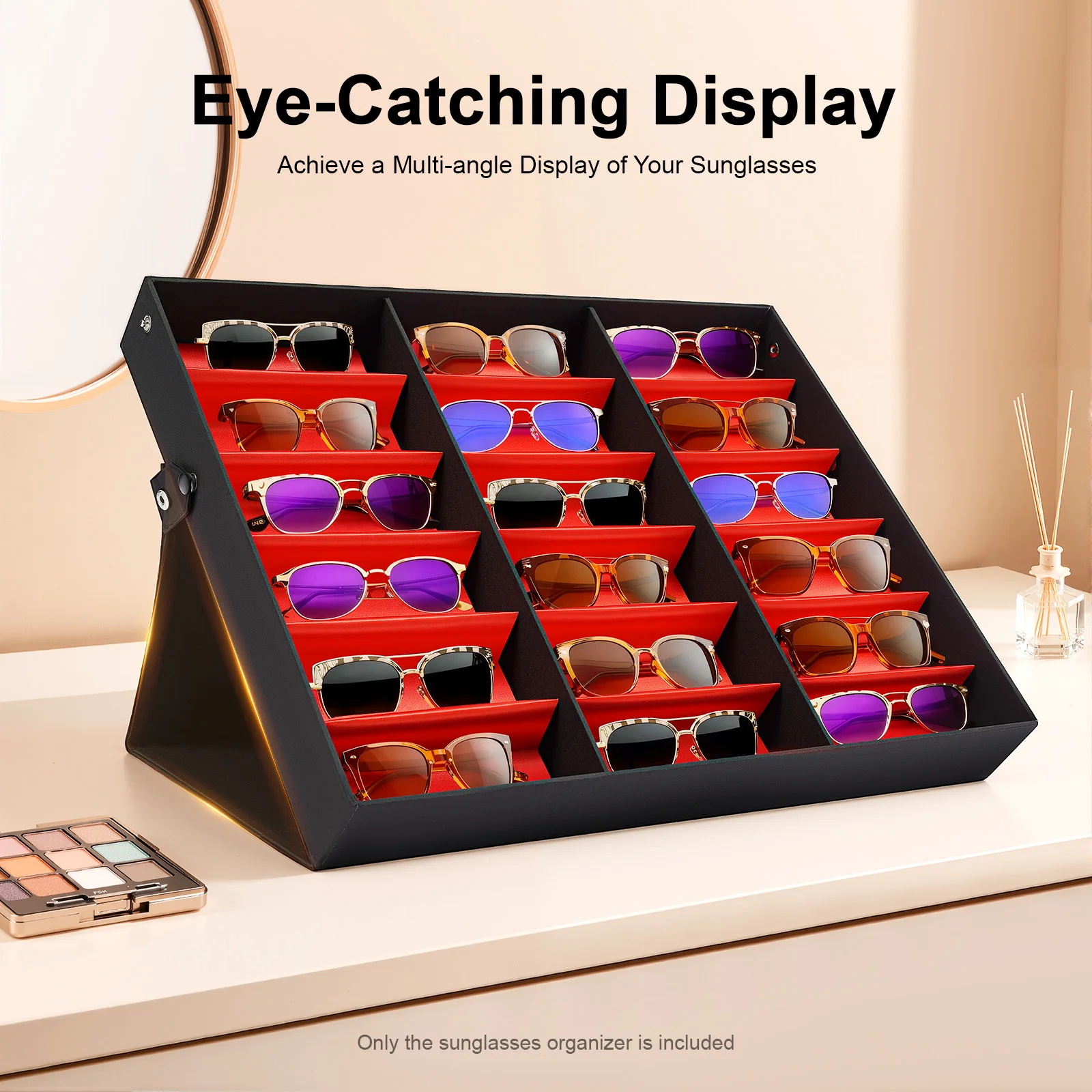 

18 Slots Sunglasses Organizer, Watches Display Case, Portable Stylish Glasses Storage Box Soft Silk Lining for Stores, Offices