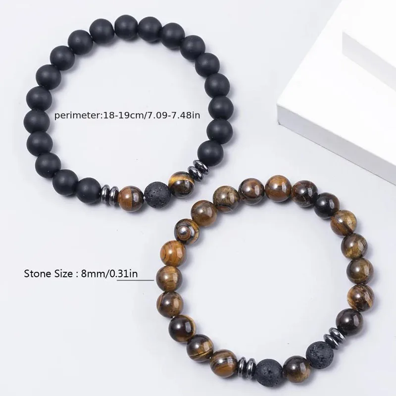 2Pcs Man Bracelet Energy Stone 8mm Tiger Eye Beaded Lovers Couple Bracelet Set Men's Agate Stretch Bracelet Gift For Women
