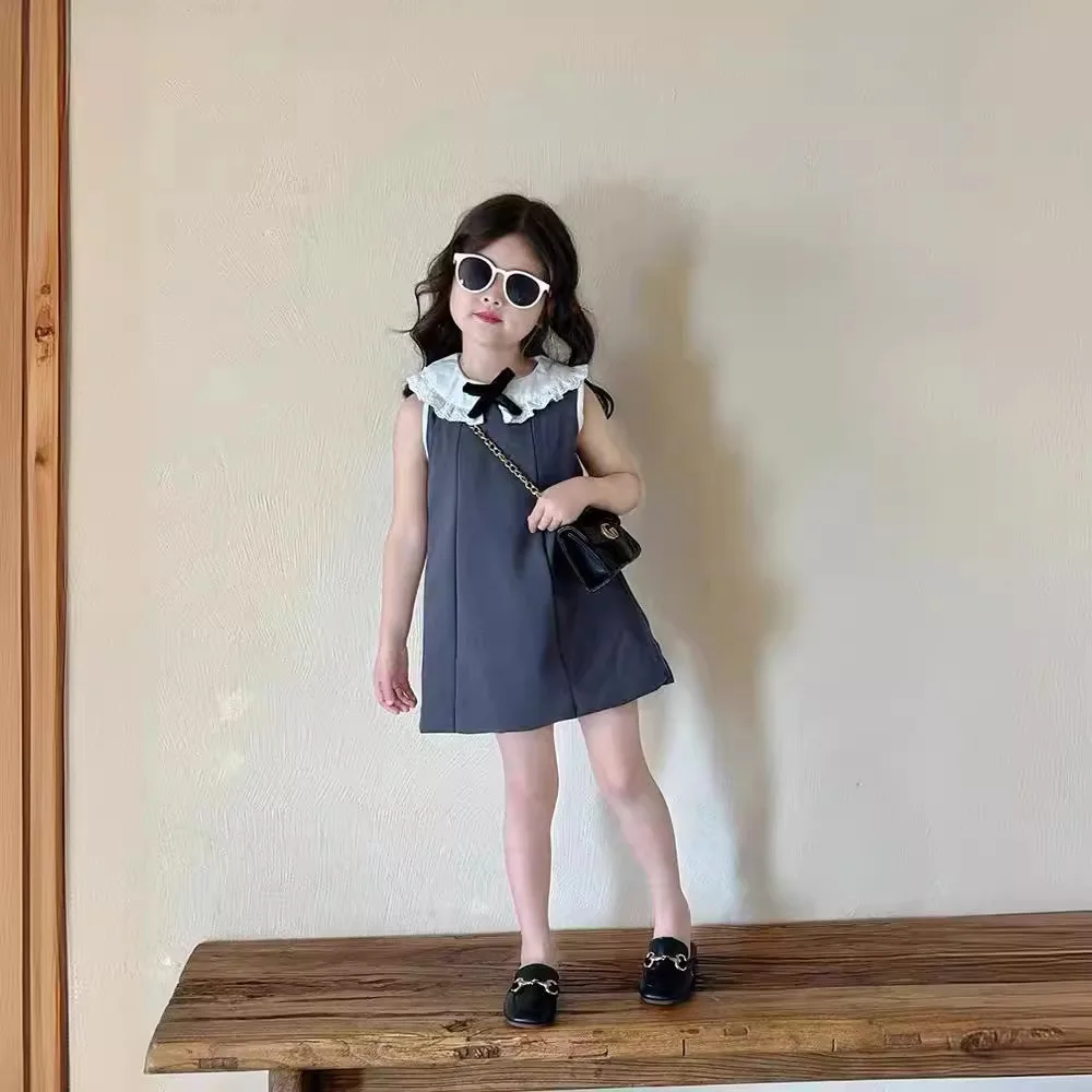 2025 Girls' Summer New Retro Wood Ear Border Doll Collar Bow Sleeveless Dress Temperament Clothing Kids Dresses for Girls