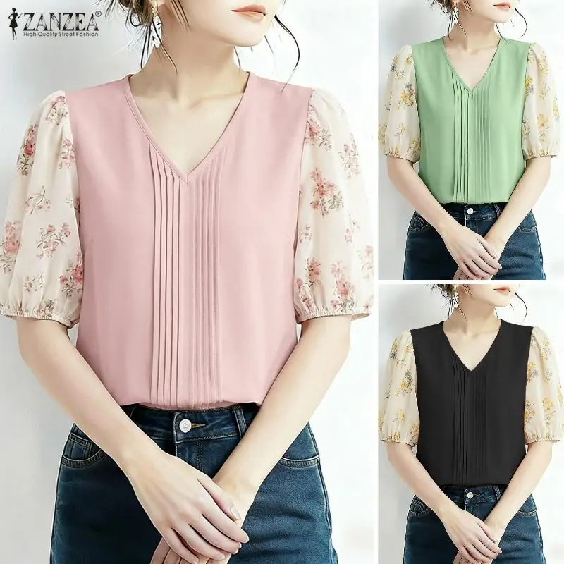 

2026 ZANZEA Summer Stylish Casual Holiday Work Shirt Floral Patchwork Blouse Women Tops Elegant V Neck Short Sleeve Blusas Femme