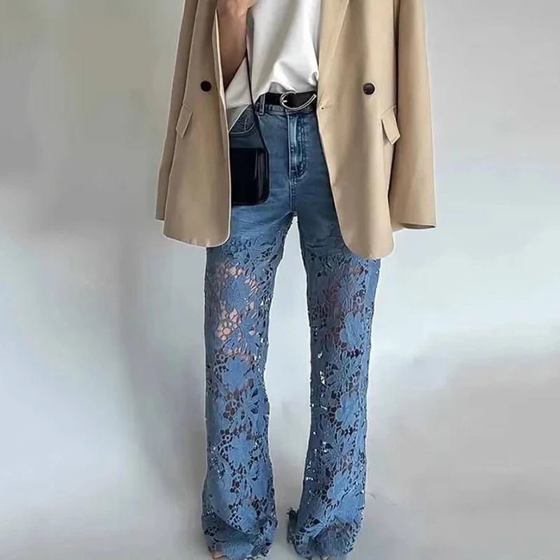 Lace Spliced Elegant Hollow Out Jeans Women New Fashion Temperament High Waist Straight Loose Denim Trousers Y2k Streetwear