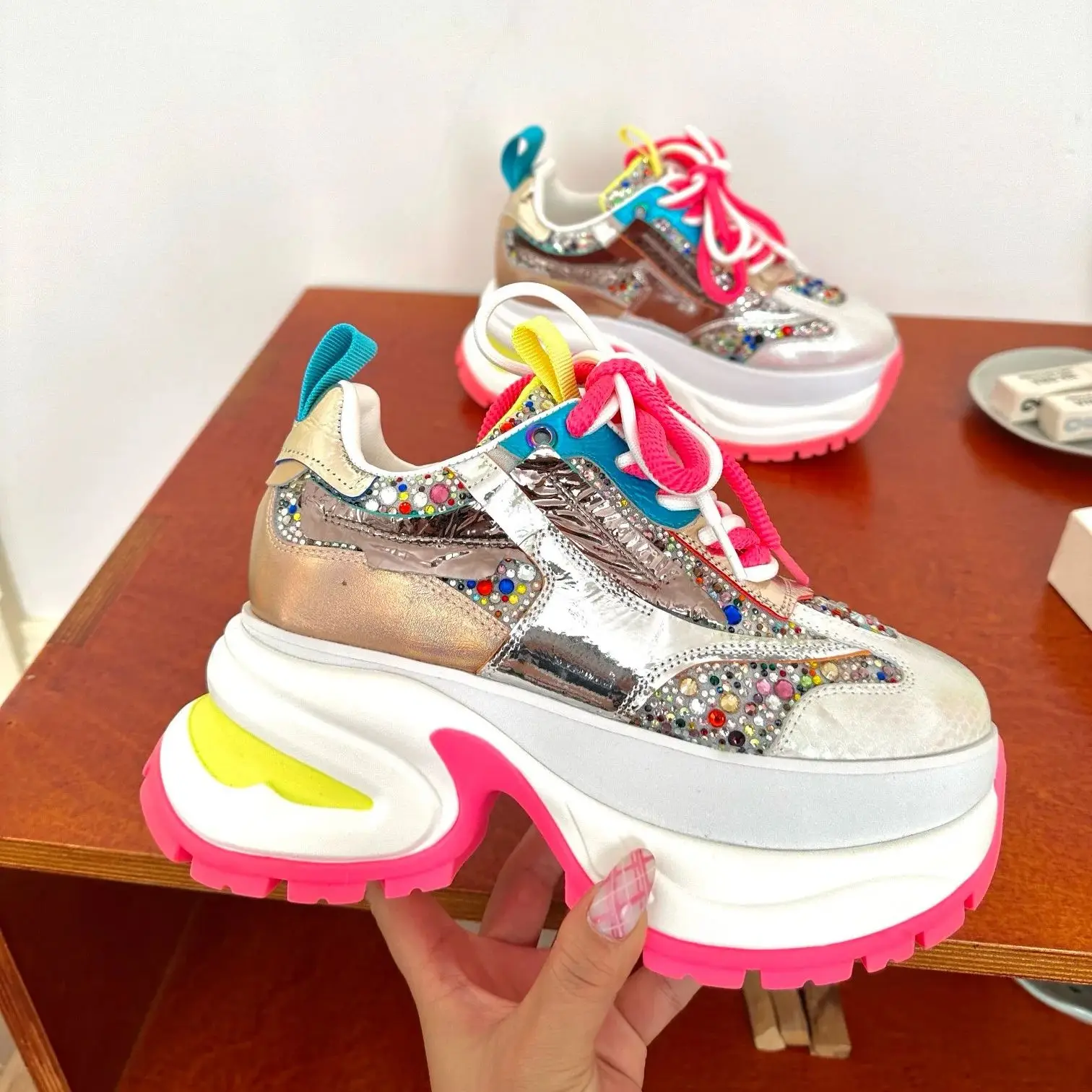 

Spring Women Casual Crystal Bling Shoes High Heels Platform Chunky Sneakers Mixed Color Ladies Fashion Girl Special Design 2024