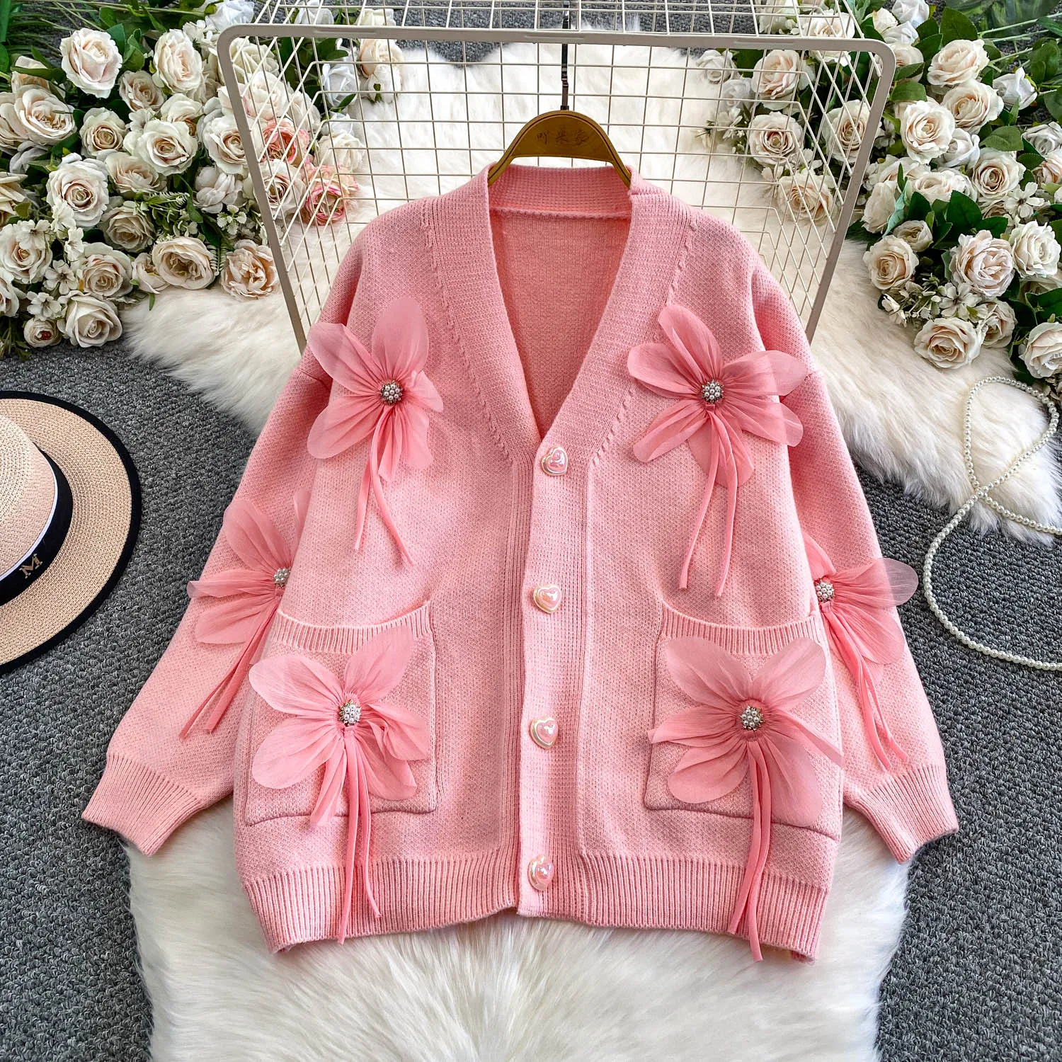 

SuperAen Women's Single-breasted Knitted Sweater Fashion Beading Three-dimensional Flowers V-neck Loose Coat