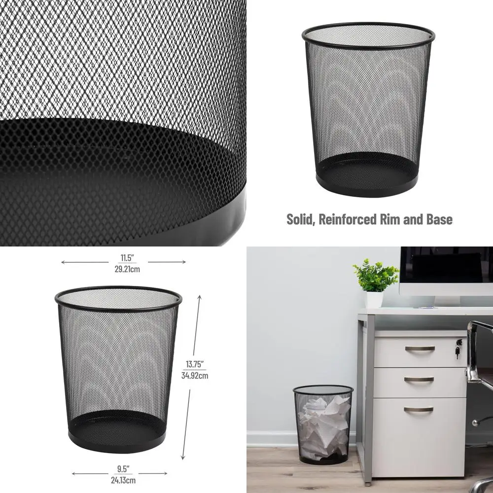 

3-Piece Metal Mesh Waste Basket Set, Round, Office Use, Black, 11.5 x 11.5 x 13.75