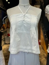 Sweet White Lace Strapless Tank Tops Women Sexy Backless Cotton Buttons Halter Camisole Solid Vintage Cute Summer Crop Top Y2k