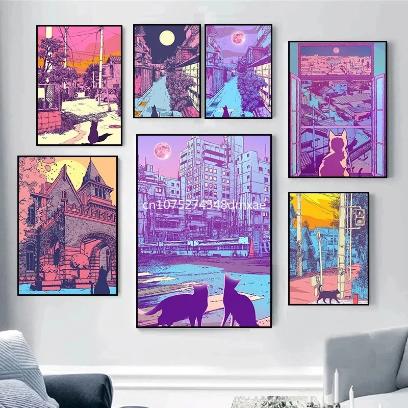 Anime City Pop Canvas Paintings for Home Decoration, Japan Street Cat Posters and Prints, Wall Art, Picture for Living Room