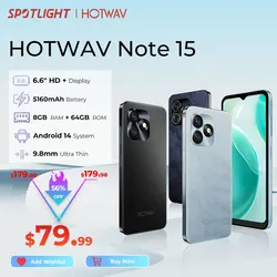 HOTWAV Note 15 Ультратонкий смартфон 6,6 дюйма HD + ОС Android 14 8 (4 + 4) ГБ + 64 ГБ Восьмиядерный мобильный телефон 13 МП 5160 мАч Мобильный телефон