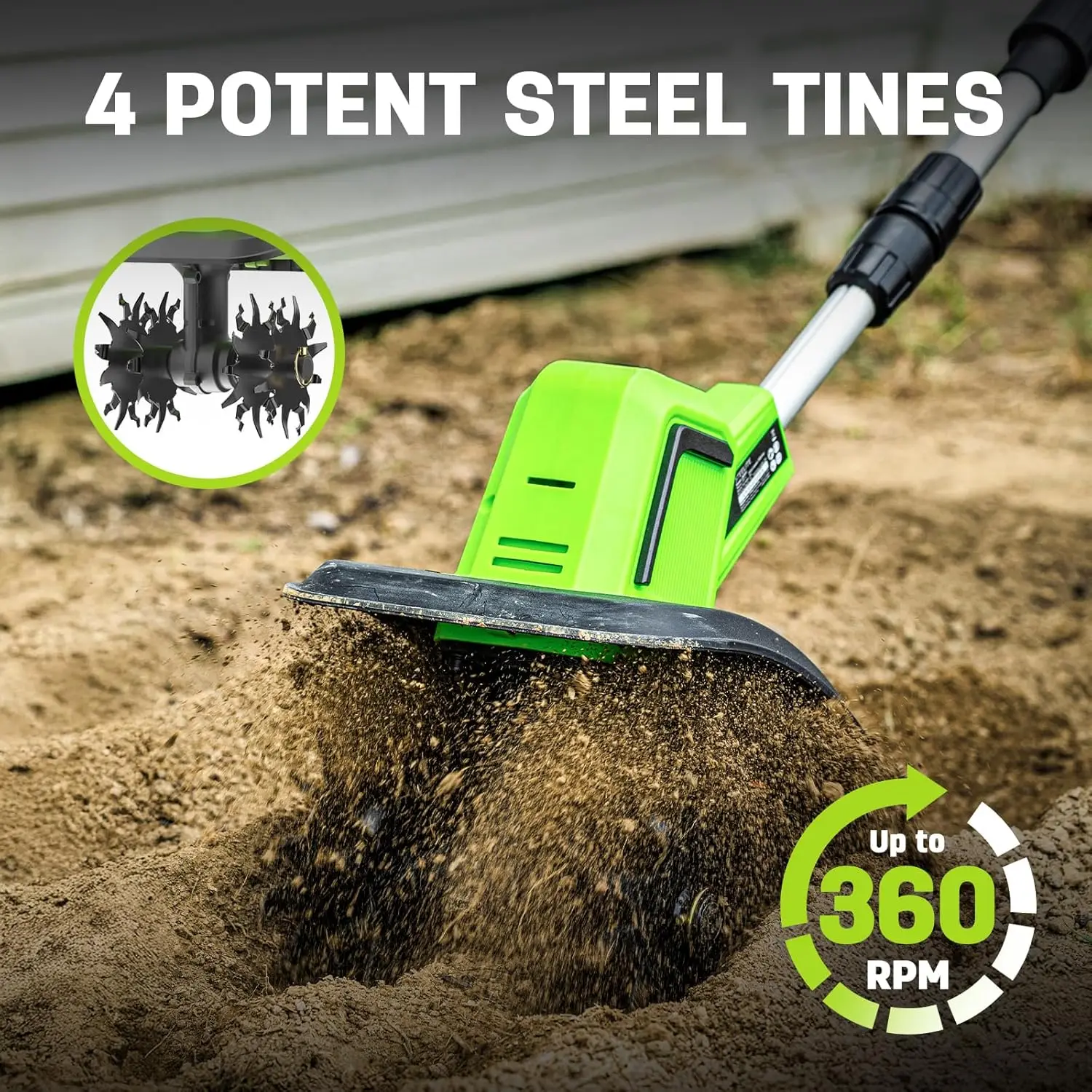20V Battery Powered Tiller, 360 RPM Cordless Tiller, 400W Powerful Motor, 9-inch Tilling Width and 7-inch Depth Portable Rotary