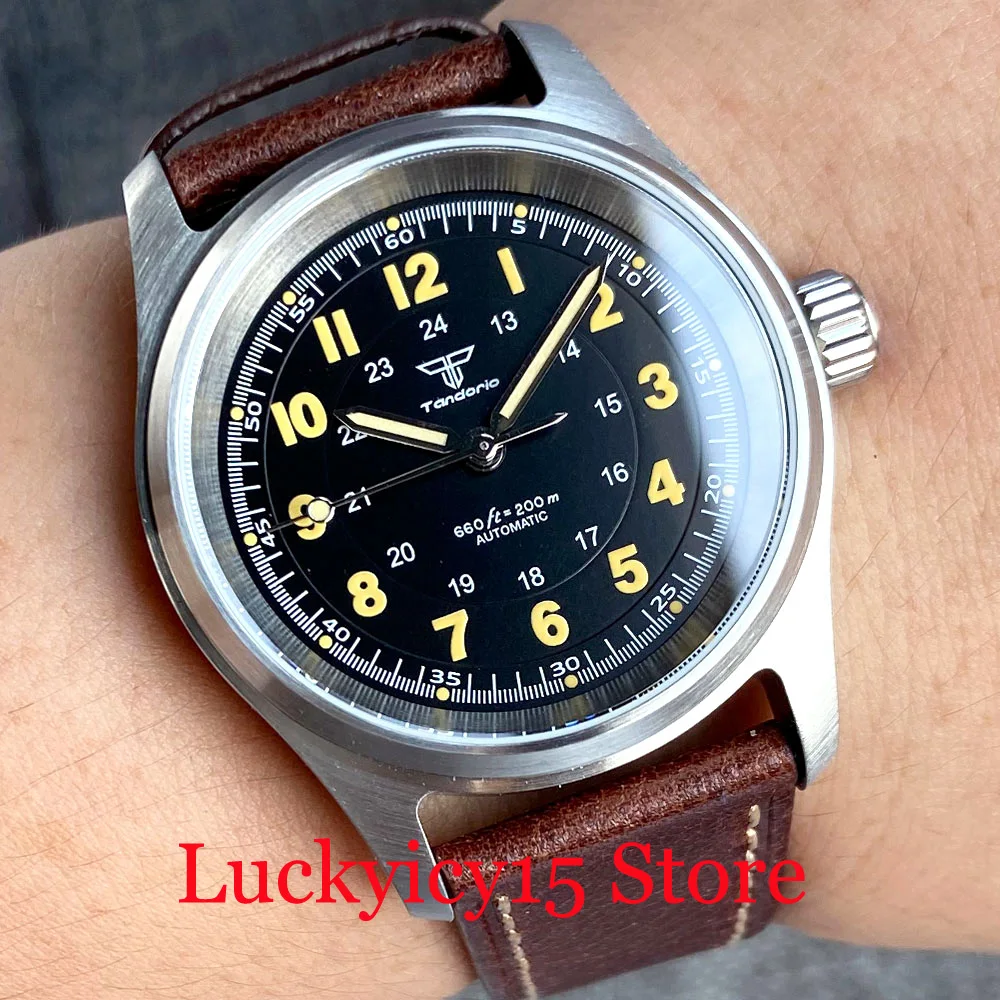 

Tandorio 20ATM Dive Pilot Aviator Watch for Men Sunburst Vintage Dial 36MM NH35/PT5000 Auto Wristwatch Sapphire Leather Band