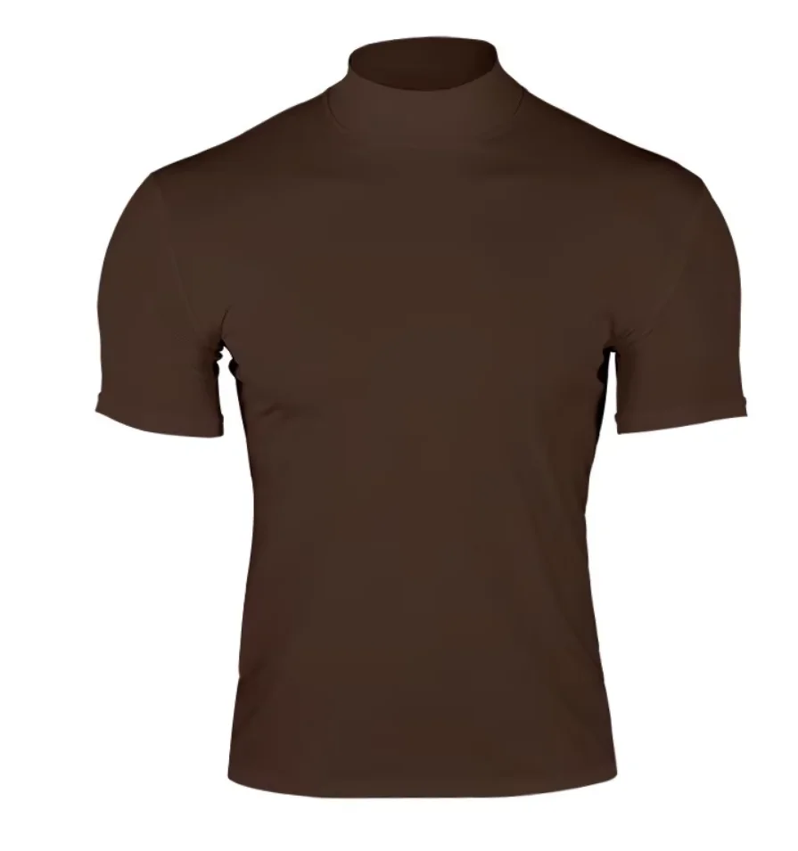 Summer casual Men's T-shirt Solid Color Half High Collar Short Sleeve Pullover Tight sport Elastic tops  T-shirt
