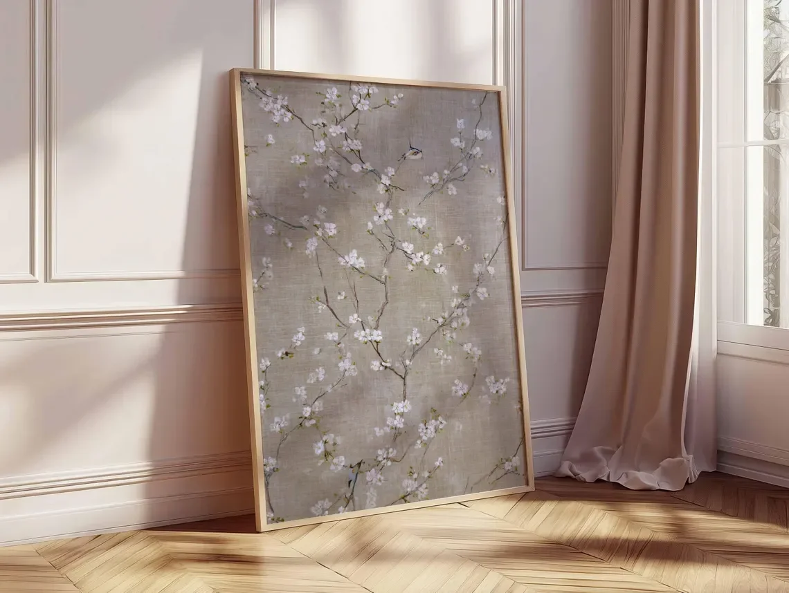 2026Blossom Poster, Japanese Spring Bloom Wall Art, Linen Texture Floral Print, Bird and Sakura Tree Decor, Nature Minimal