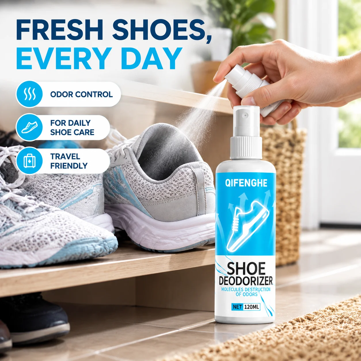 QIFENGHE Shoe Deodorizer Spray 120ml, Shoe Odor Eliminator Spray, Neutralize Bad Smell, Freshen Sneakers Boots, Portable Footwea