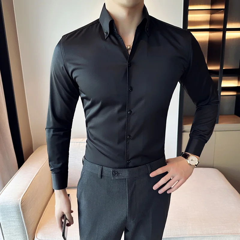 Male Korean Long Sleeve Shirts Men Clothing Simple Slim Fit Business Casual Office Blouse Homme Hot Sale Big Size Tops 4XL-M