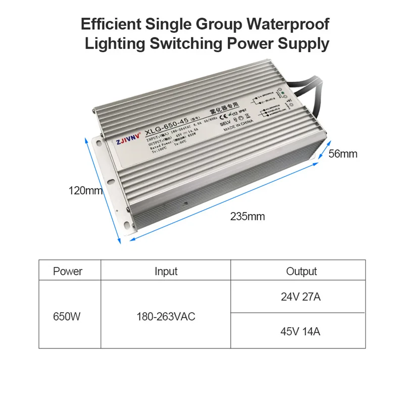 650W LED Waterproof Power Supply for Atomizer AC-DC 180-263VAC to DC 24V/36V/45V/48V Waterproof Lighting Transformers XLG-650