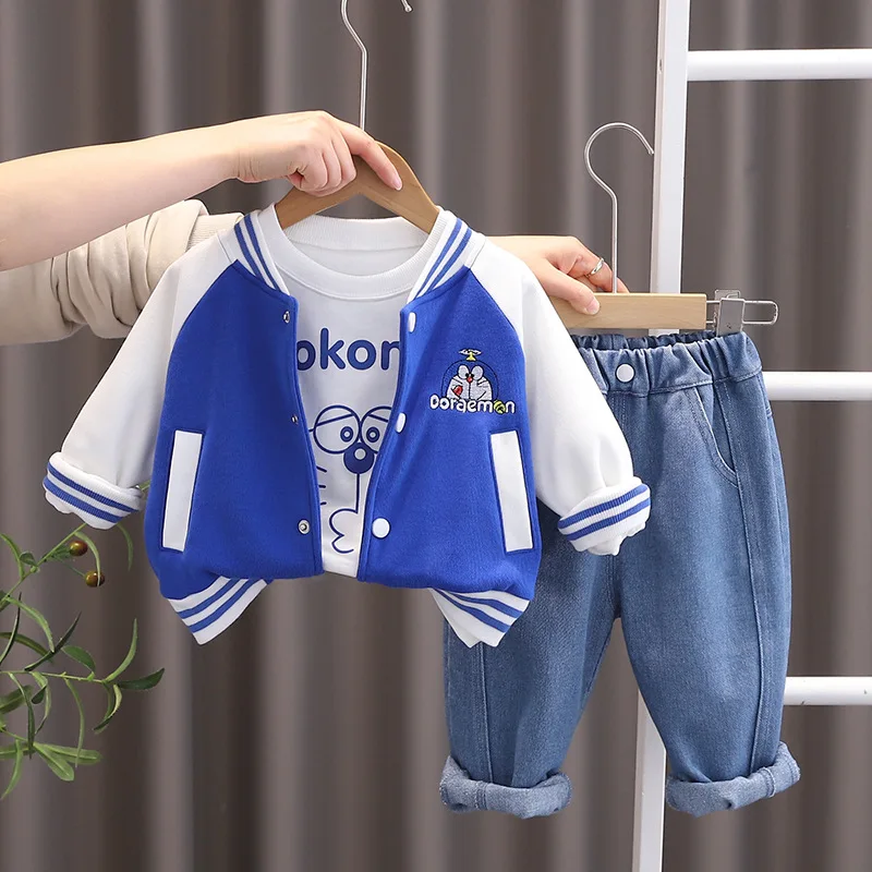 

Baby Tracksuit Set 2024 Spring Korean Style Casual Cartoon Cardigan Coats + White T-shirts + Jeans Children Clothes Boys Suit