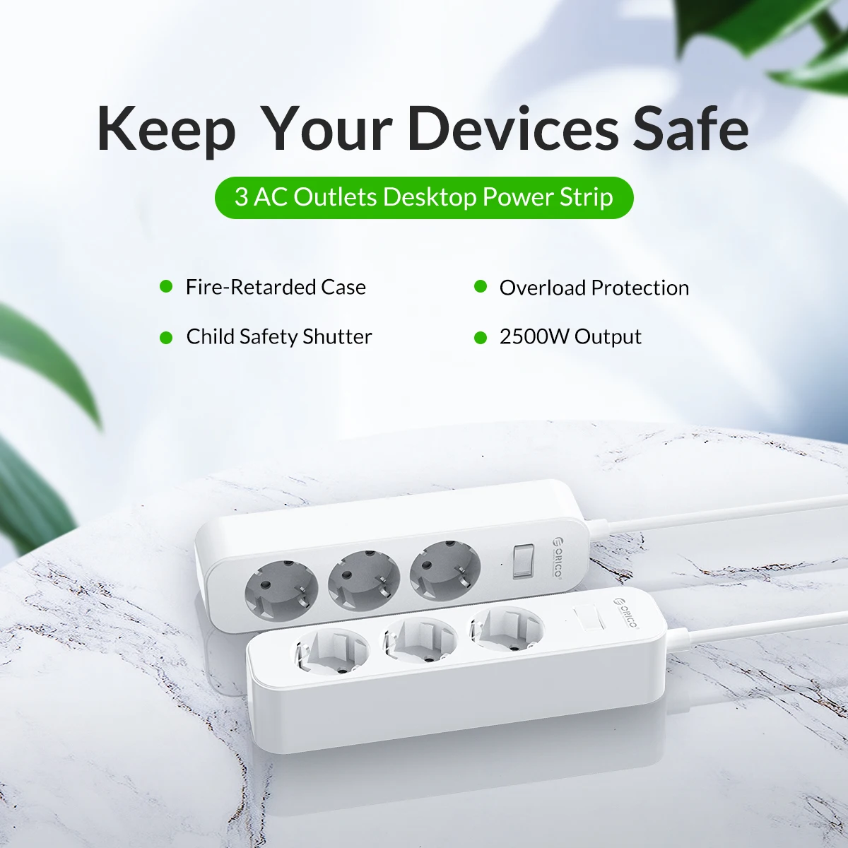 ORICO EU Plug Surge Protector 5 AC Outlet Power Strip with 2 USB Charging Ports Extension Cord Wall Mount Desk for Home Office