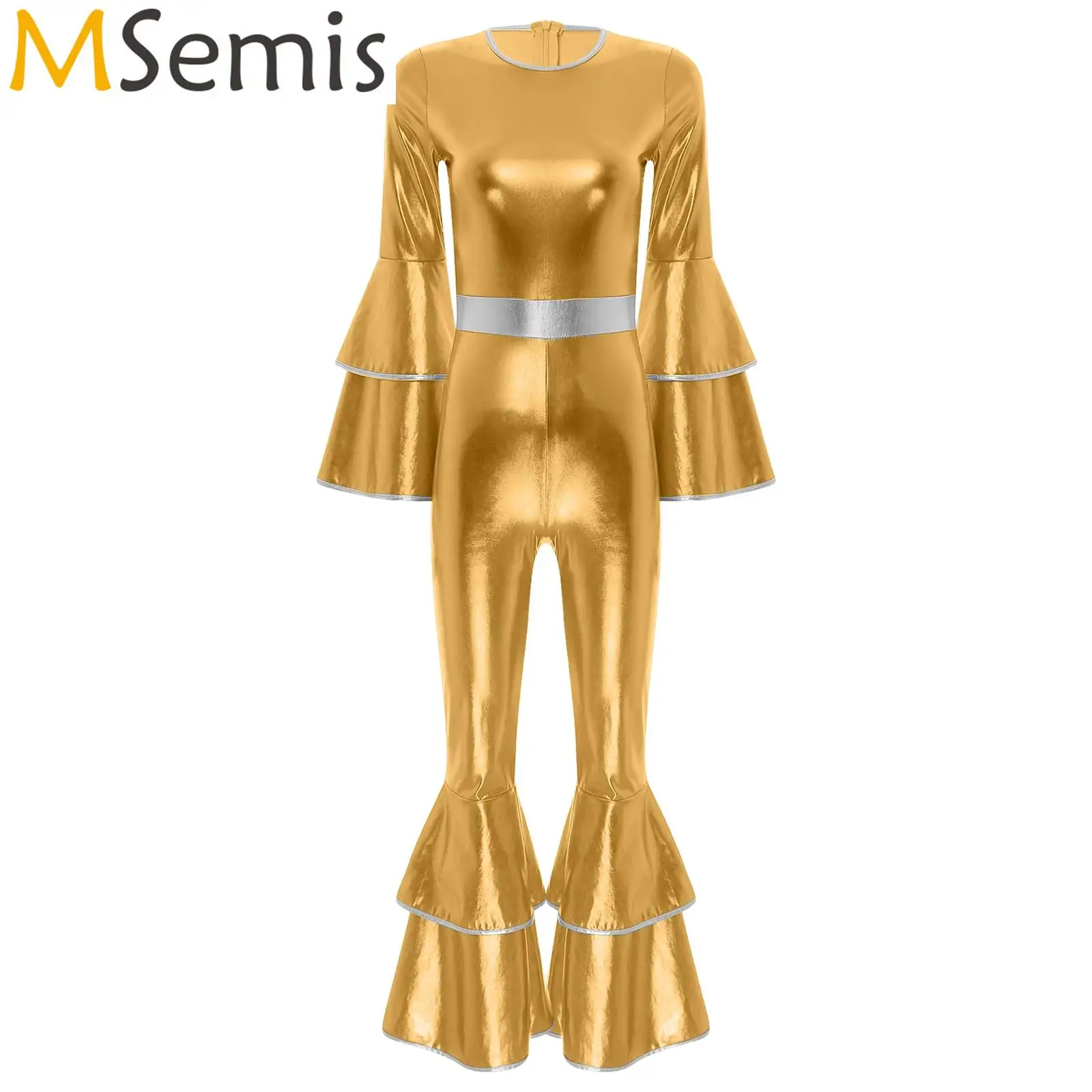 Womens Vintage Metallic Shiny Jumpsuit for Jazz Dancing 70S Disco Unitards Costume Tiered Flare Sleeve Bell Bottom Hippie Romper