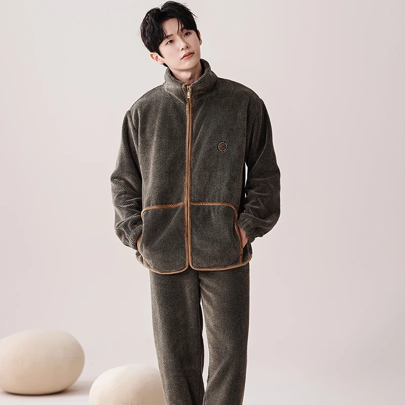 Thick Flannel Zipper Cardigan Men's Pajamas Set Autumn Winter Plus Velvet Long Sleeves Sleepwear Nightgown Warm Lounge Wear
