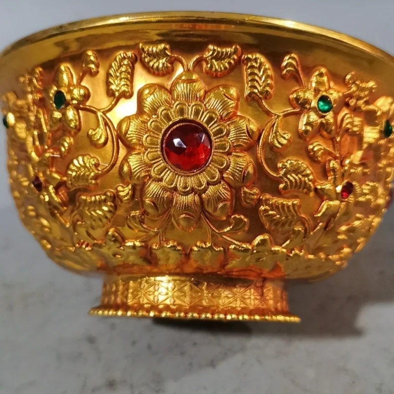 Antique Style Pure Copper Gilt Inlaid Gemstone Flower Blooming Wealth Gold Bowl Water Offering Bowl Holy Water Bowl Home Decor O